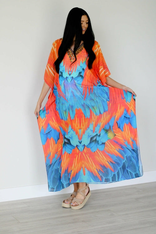 Kaftan Dress, Feather Caftan Dress, Plus Size