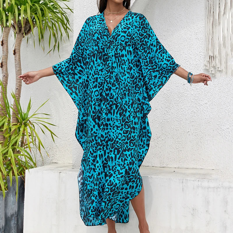 Women Kaftan Dresses Plus Size V Neck Batwing Sleeves Beach Cover Up Summer Leopard Print Caftan Dress Oversized Beach Dress