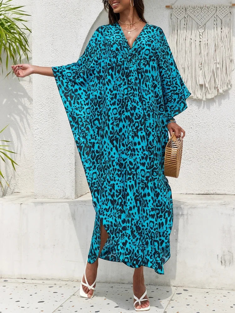 Women Kaftan Dresses Plus Size V Neck Batwing Sleeves Beach Cover Up Summer Leopard Print Caftan Dress Oversized Beach Dress