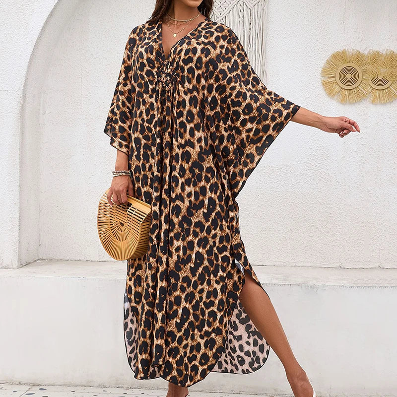 Women Kaftan Dresses Plus Size V Neck Batwing Sleeves Beach Cover Up Summer Leopard Print Caftan Dress Oversized Beach Dress