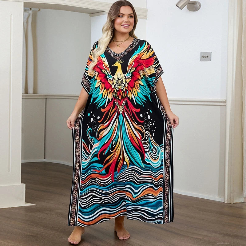 Phoneix Print Kaftan Plus Size Maxi Dress Lounge Wear Boho Chic Vibrant Tribal Vibe Women Caftan Ethnic Island Beach Cover Ups