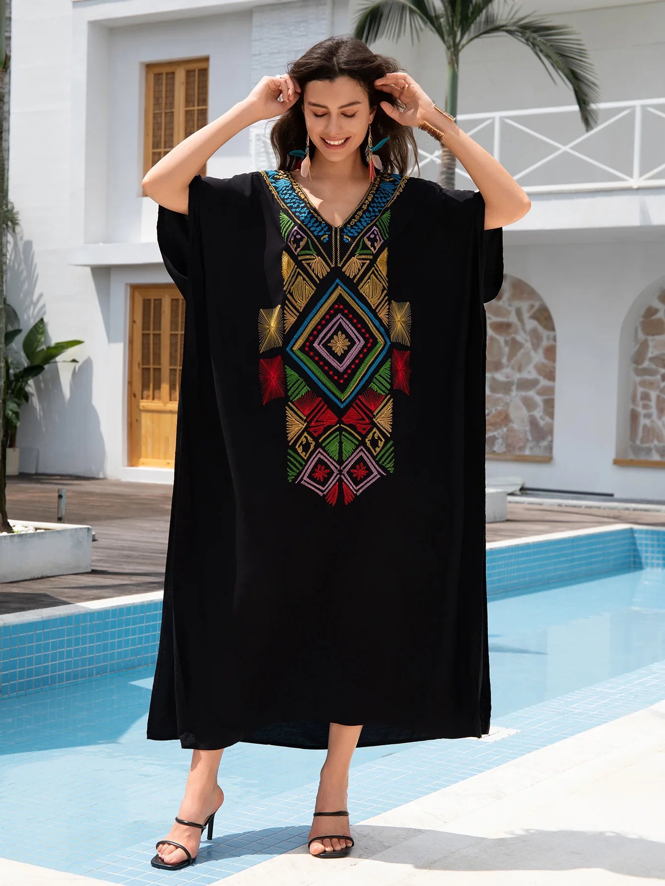 Kaftan Dresses for Women Embroidered Short Sleeve V-neck Plus Size Caftan Bikini Swimsuit Cover-Up Long Beach Dress