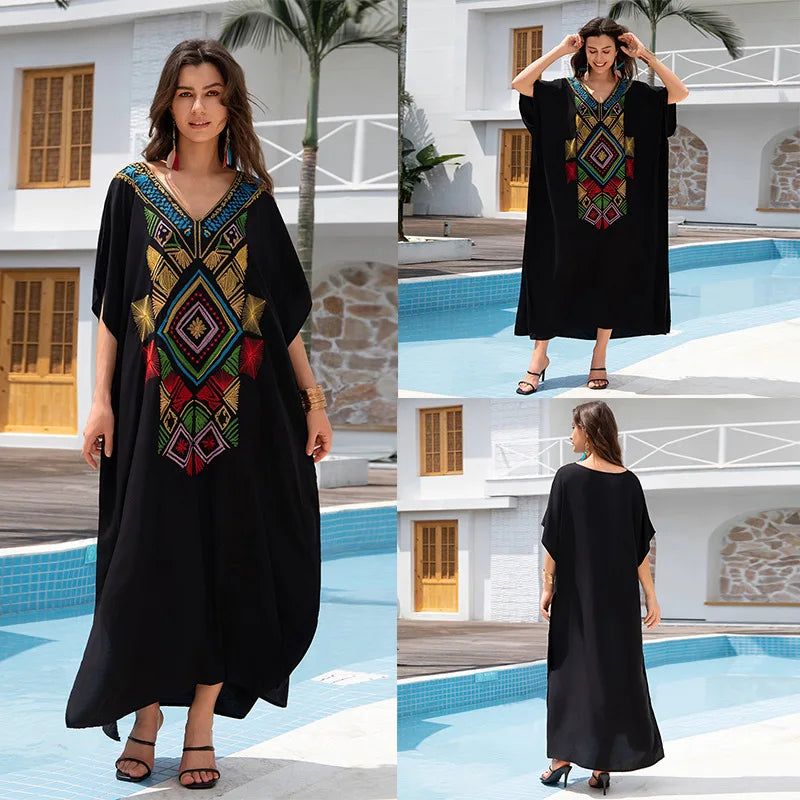 Kaftan Dresses for Women Embroidered Short Sleeve V-neck Plus Size Caftan Bikini Swimsuit Cover-Up Long Beach Dress