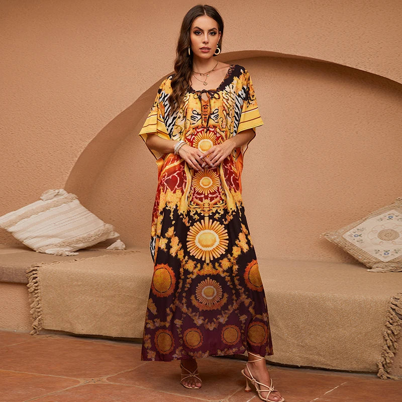 Vibrant Tribal Print Kaftan Elegant African Insipired Loose Fit Ethnic Pattern Plus Size Caftan Boho Dashiki Maxi Dress Vestidos