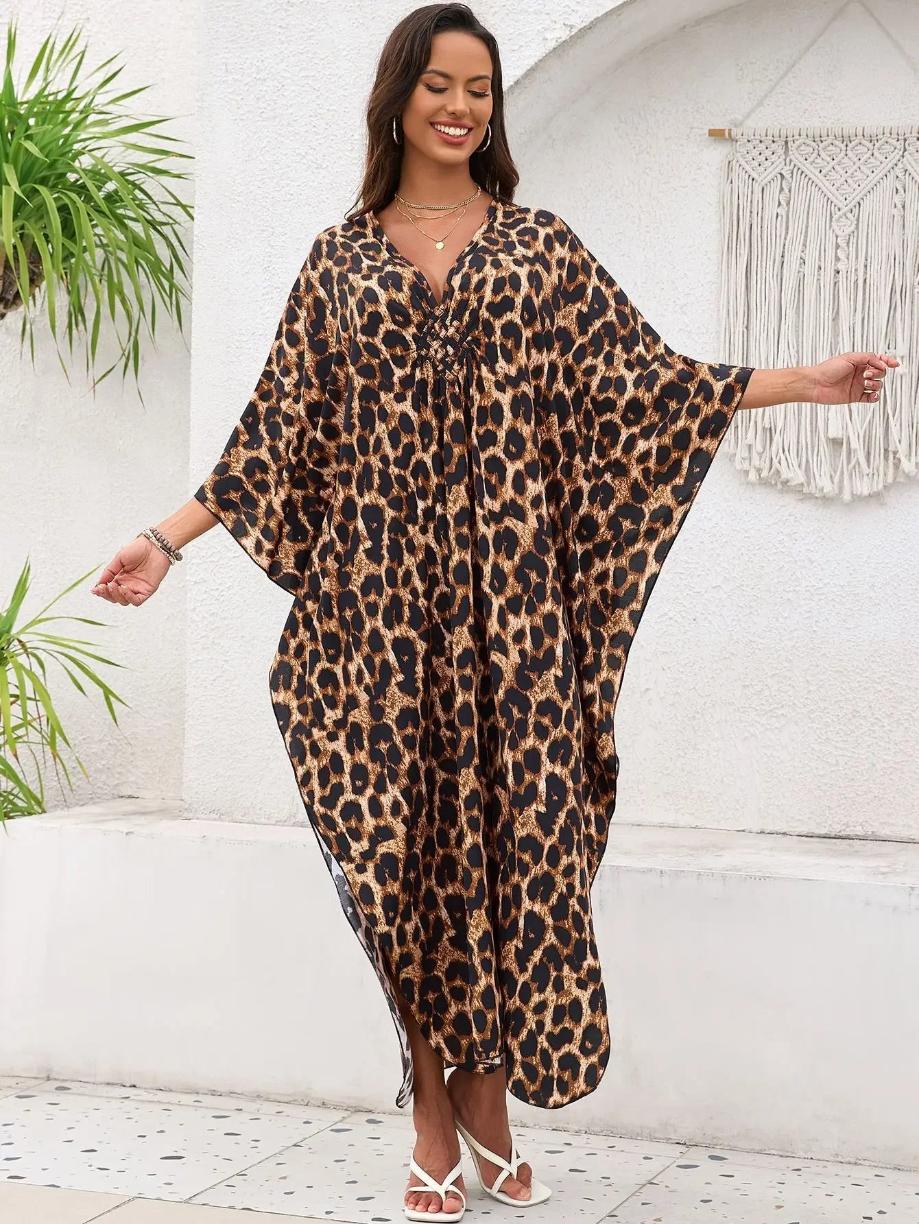 Women Kaftan Dresses Plus Size V Neck Batwing Sleeves Beach Cover Up Summer Leopard Print Caftan Dress Oversized Beach Dress