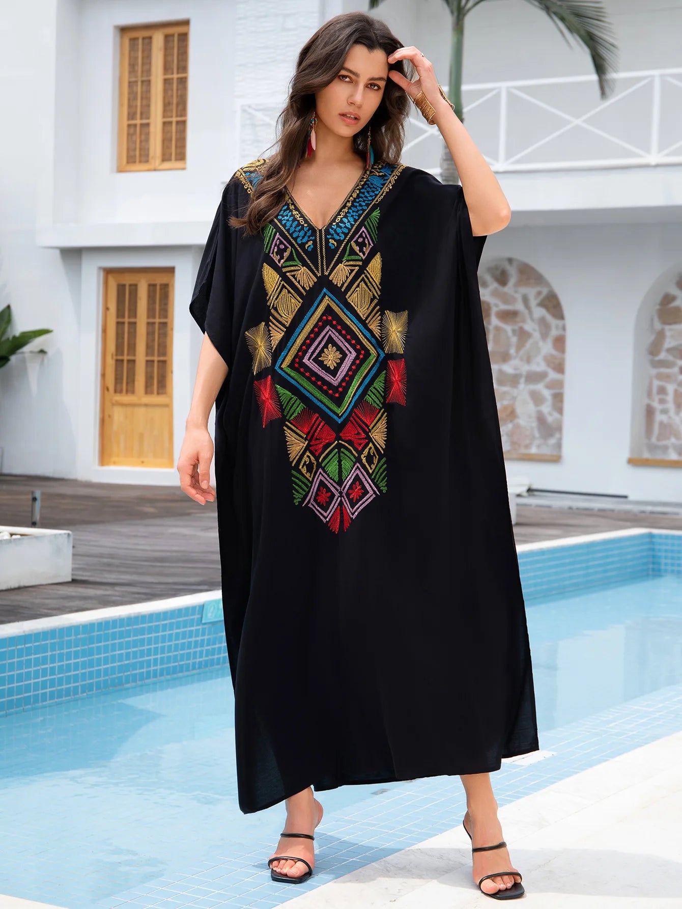 Kaftan Dresses for Women Embroidered Short Sleeve V-neck Plus Size Caftan Bikini Swimsuit Cover-Up Long Beach Dress
