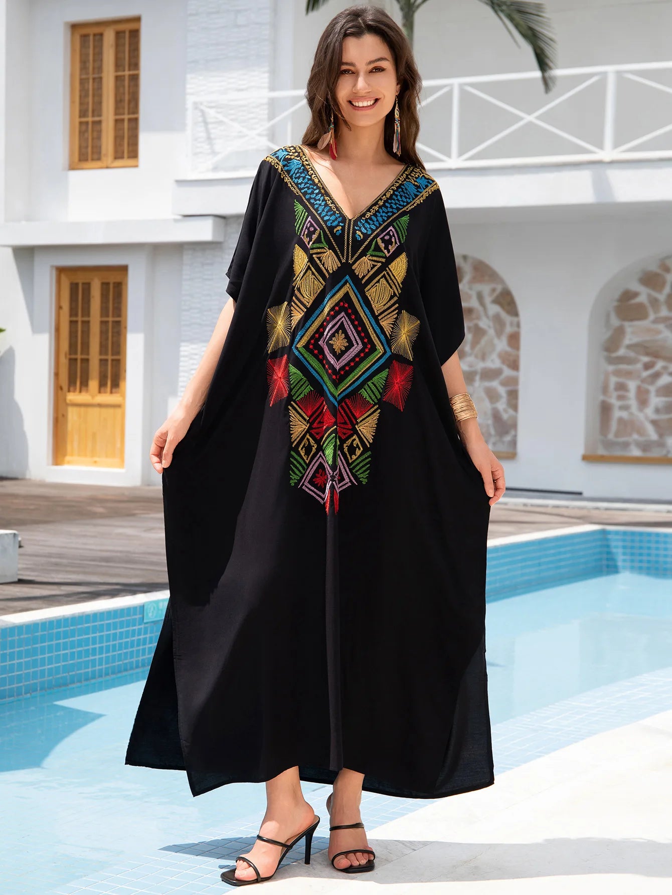 Kaftan Dresses for Women Embroidered Short Sleeve V-neck Plus Size Caftan Bikini Swimsuit Cover-Up Long Beach Dress