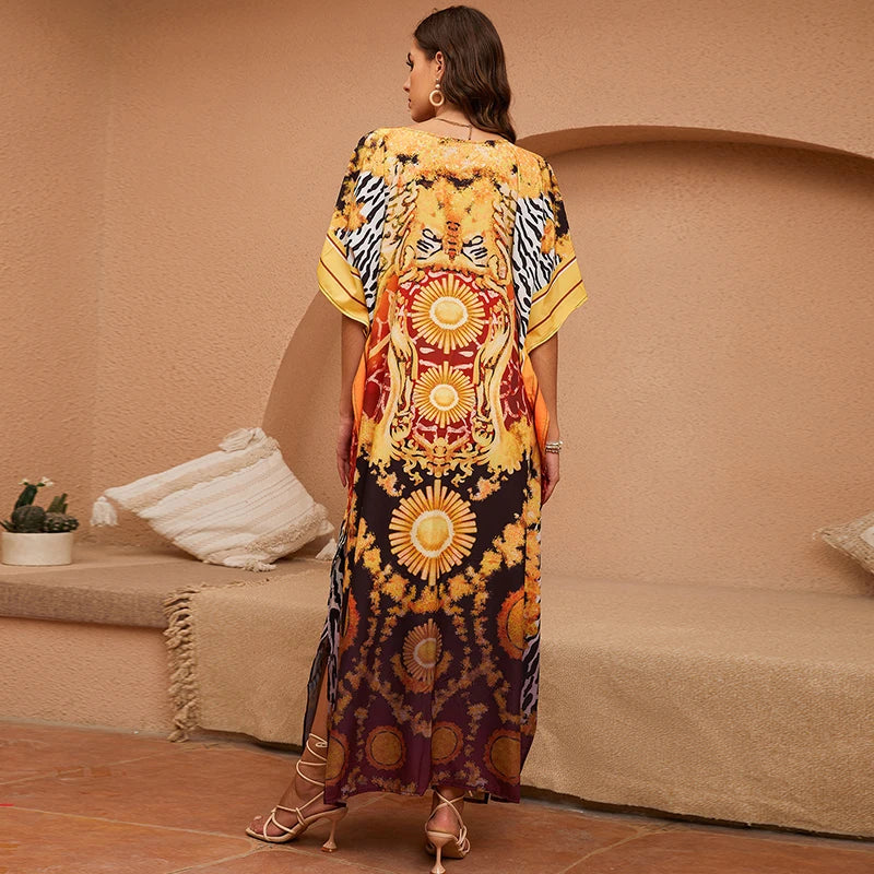Vibrant Tribal Print Kaftan Elegant African Insipired Loose Fit Ethnic Pattern Plus Size Caftan Boho Dashiki Maxi Dress Vestidos