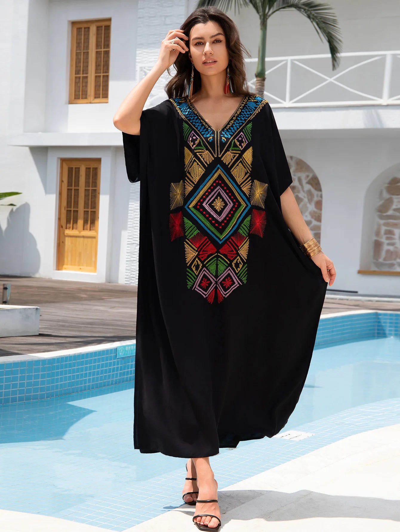 Kaftan Dresses for Women Embroidered Short Sleeve V-neck Plus Size Caftan Bikini Swimsuit Cover-Up Long Beach Dress