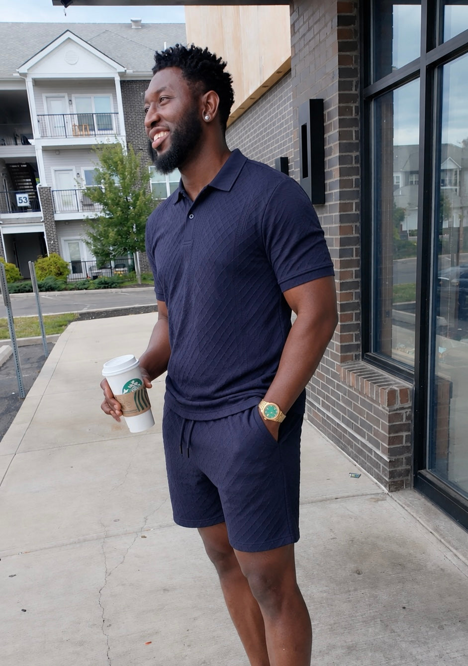 Men's Full Size Textured Short Sleeve Polo and Shorts Set Plus Size