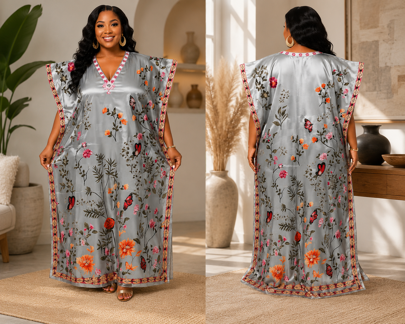 Silver Blossom Butterfly Luxe MOOMOO | Plus Size Caftan Lounge Dress