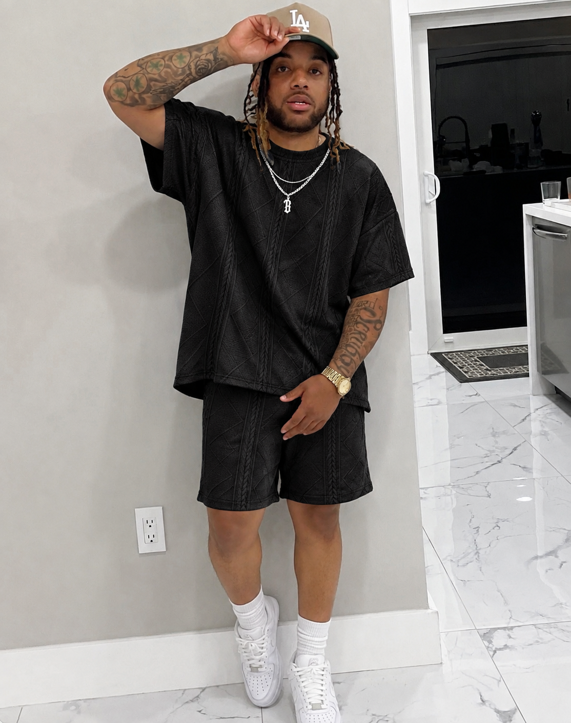Men's Plus Size Textured Relaxed Fit Top and Shorts Set