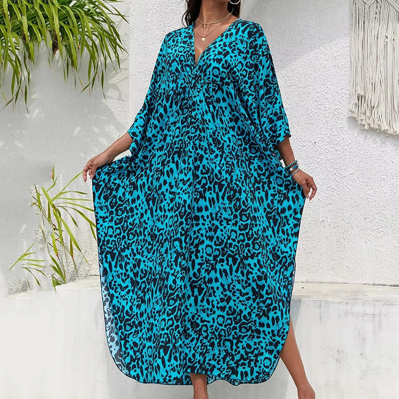 Women Kaftan Dresses Plus Size V Neck Batwing Sleeves Beach Cover Up Summer Leopard Print Caftan Dress Oversized Beach Dress