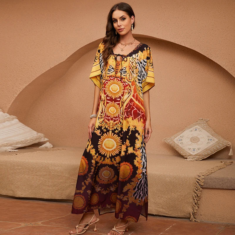 Vibrant Tribal Print Kaftan Elegant African Insipired Loose Fit Ethnic Pattern Plus Size Caftan Boho Dashiki Maxi Dress Vestidos