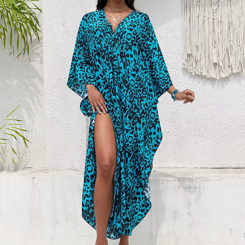 Women Kaftan Dresses Plus Size V Neck Batwing Sleeves Beach Cover Up Summer Leopard Print Caftan Dress Oversized Beach Dress