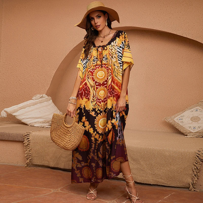 Vibrant Tribal Print Kaftan Elegant African Insipired Loose Fit Ethnic Pattern Plus Size Caftan Boho Dashiki Maxi Dress Vestidos