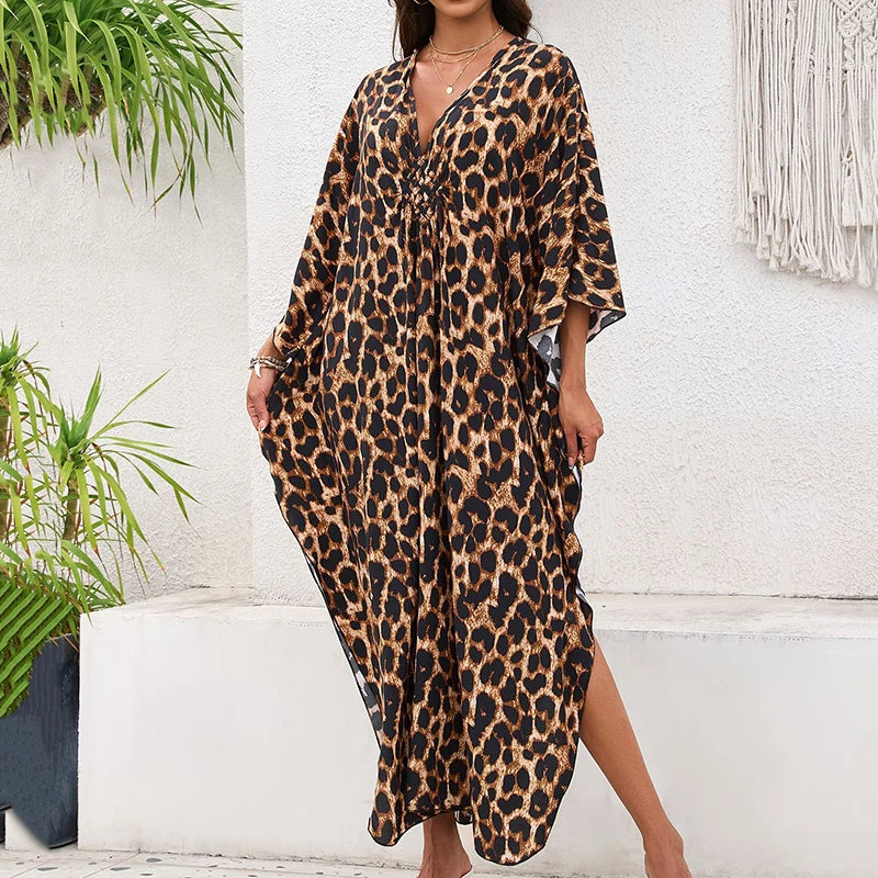Women Kaftan Dresses Plus Size V Neck Batwing Sleeves Beach Cover Up Summer Leopard Print Caftan Dress Oversized Beach Dress