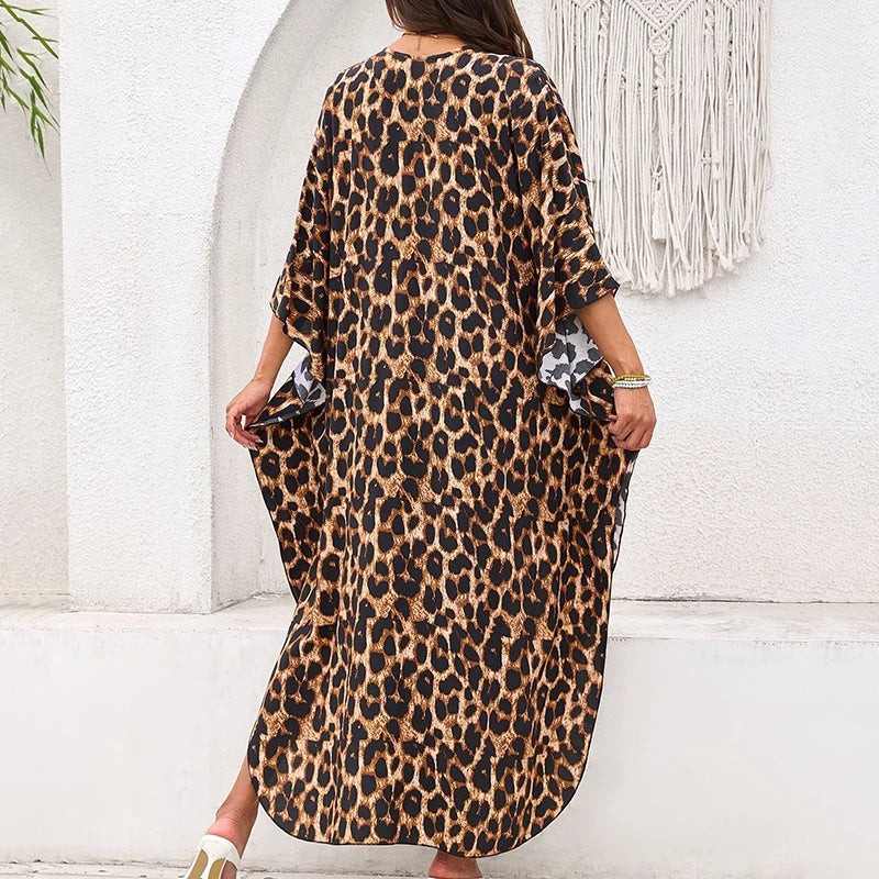 Women Kaftan Dresses Plus Size V Neck Batwing Sleeves Beach Cover Up Summer Leopard Print Caftan Dress Oversized Beach Dress