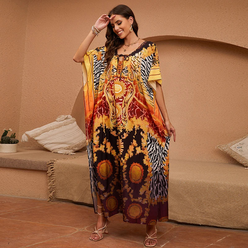 Vibrant Tribal Print Kaftan Elegant African Insipired Loose Fit Ethnic Pattern Plus Size Caftan Boho Dashiki Maxi Dress Vestidos