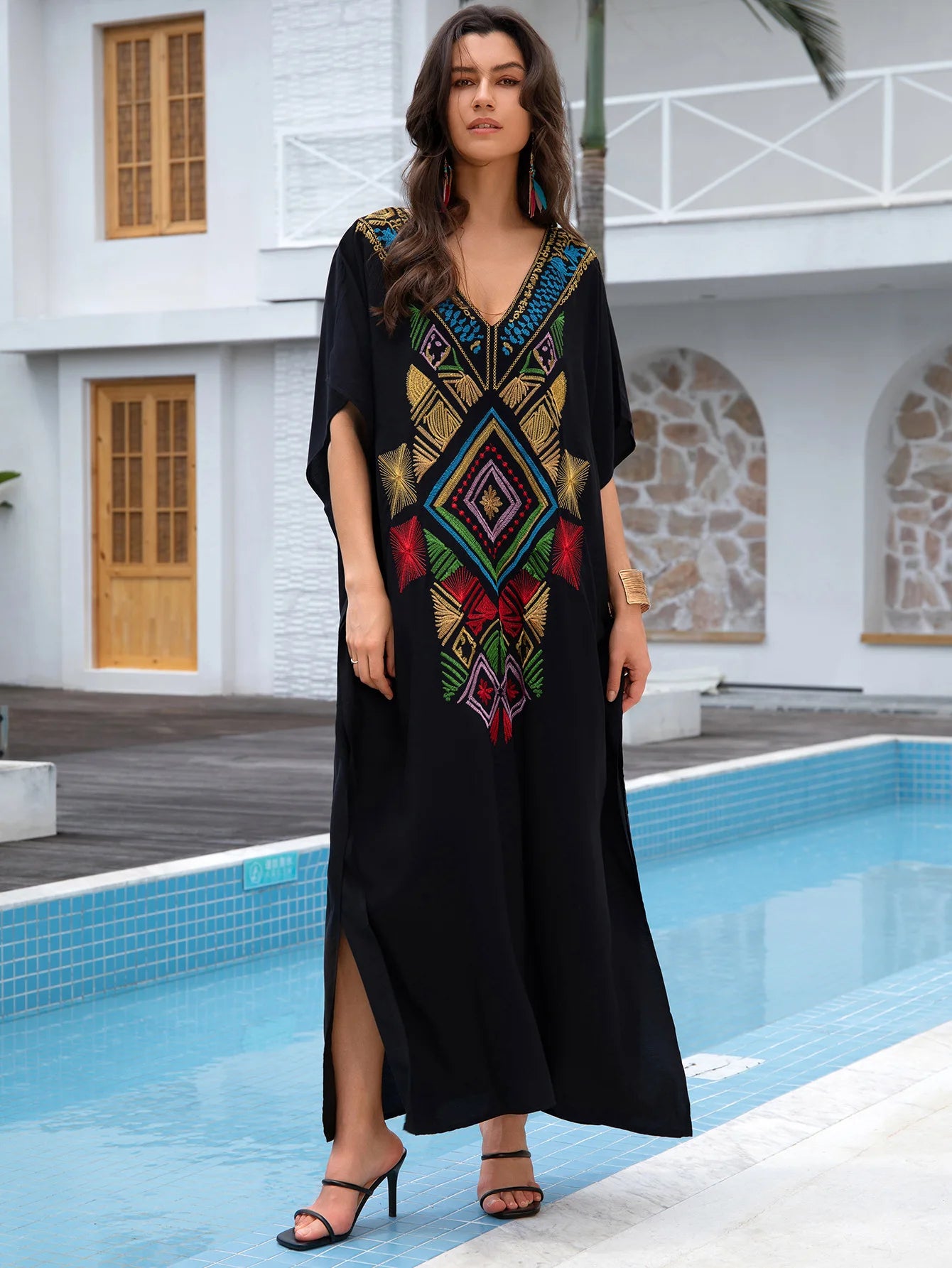 Kaftan Dresses for Women Embroidered Short Sleeve V-neck Plus Size Caftan Bikini Swimsuit Cover-Up Long Beach Dress