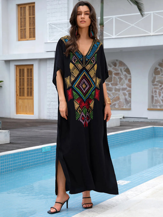Kaftan Dresses for Women Embroidered Short Sleeve V-neck Plus Size Caftan Bikini Swimsuit Cover-Up Long Beach Dress